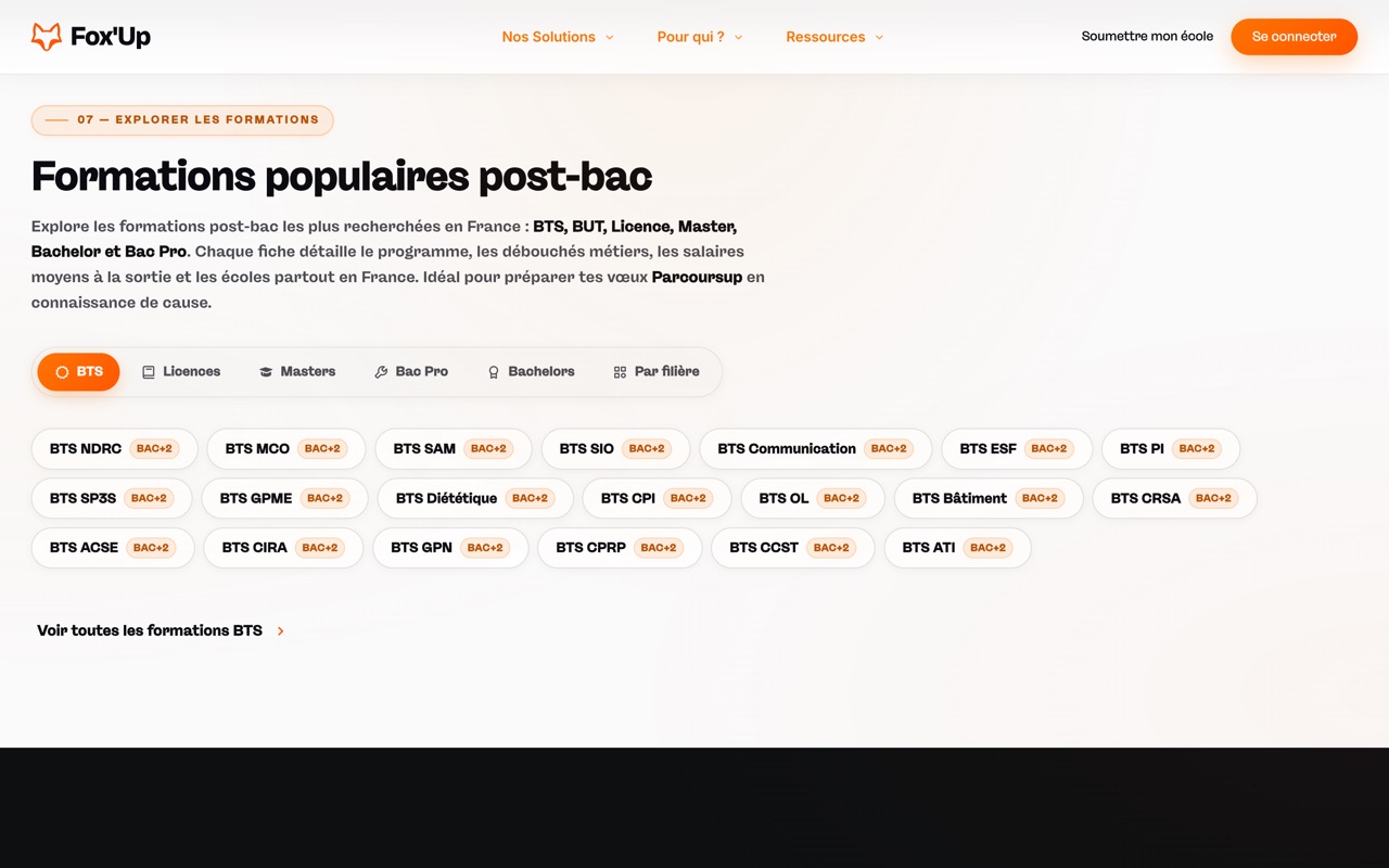L'explorateur de formations post-bac de Fox'Up, filtré par BTS, licences, masters et bachelors