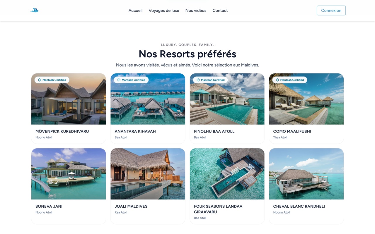 La sélection de resorts Mantaah aux Maldives, avec badge « Mantaah Certified » et atoll pour chacun