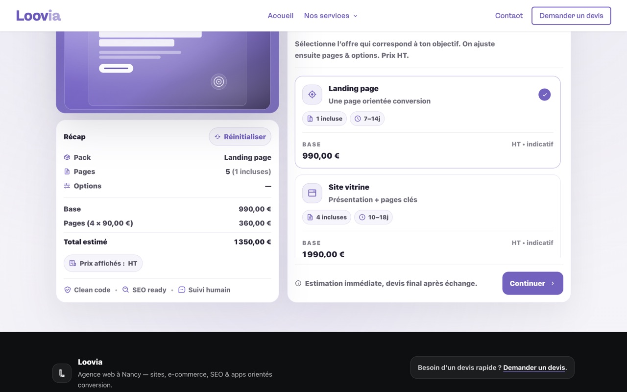 Le récapitulatif du configurateur Studio : pack, nombre de pages et total estimé recalculé en direct
