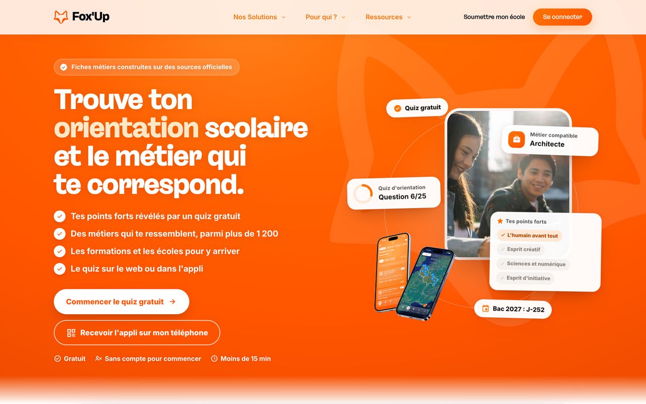 Page d’accueil de foxup.school, le site de Fox’Up : quiz d’orientation et métiers