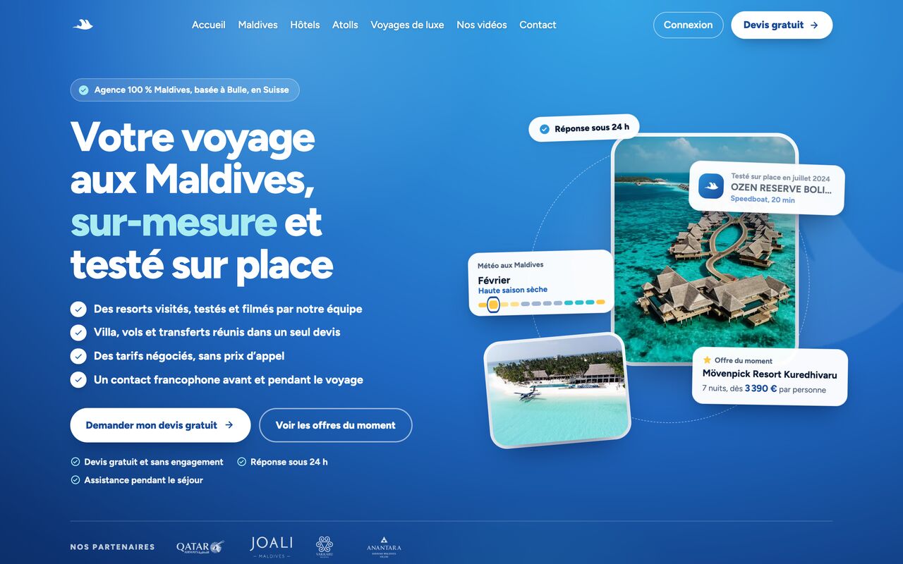 Page d’accueil de mantaah.com, l’agence de voyage aux Maldives