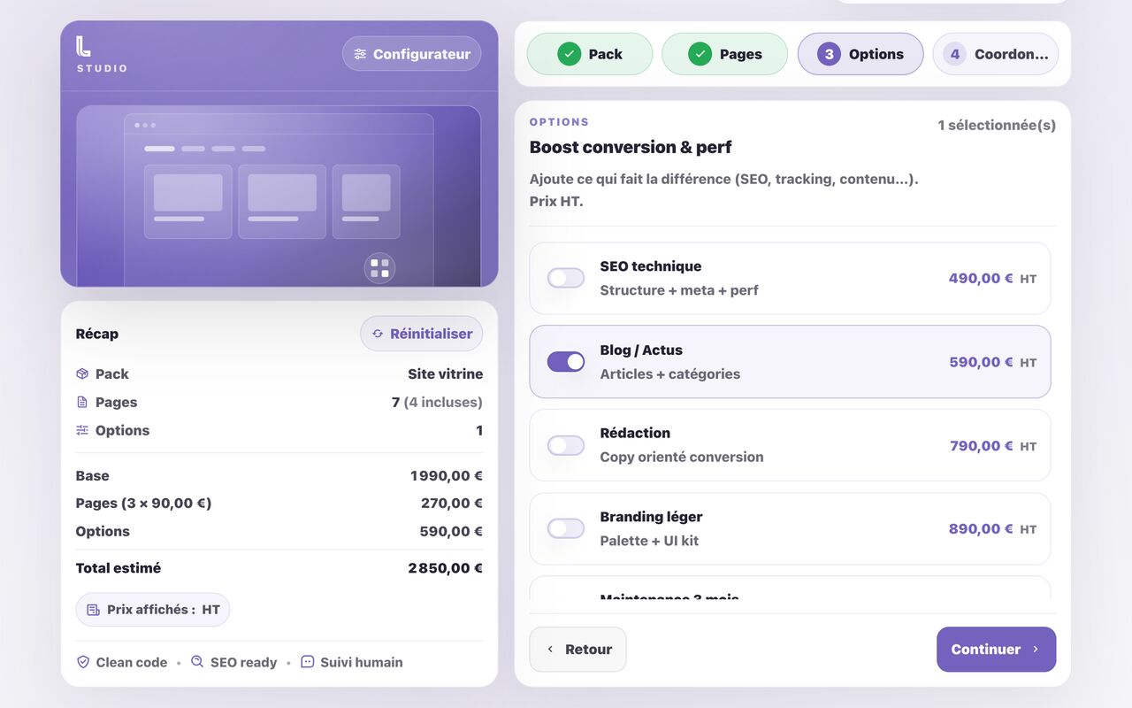 Studio, le configurateur de Loovia : récapitulatif de la formule et estimation